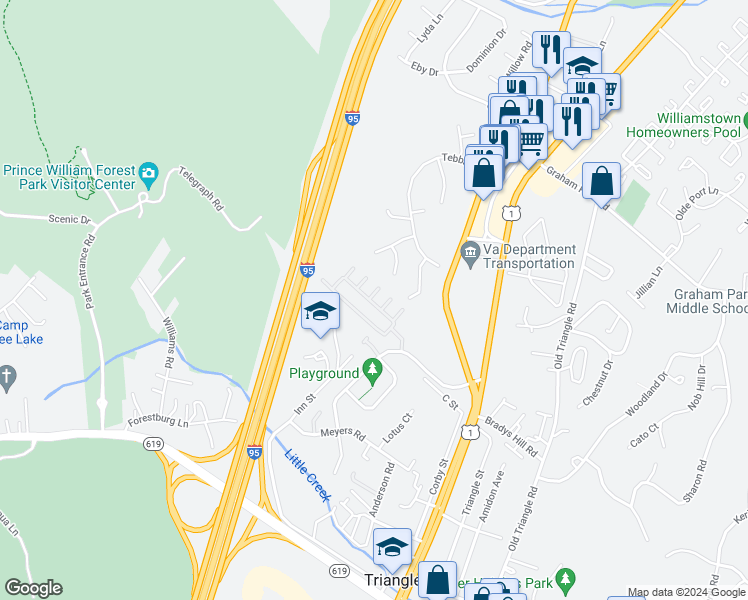 map of restaurants, bars, coffee shops, grocery stores, and more near 4342 Potomac Highlands Circle in Triangle
