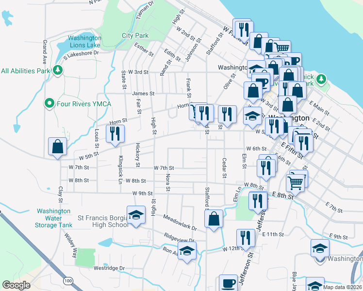 map of restaurants, bars, coffee shops, grocery stores, and more near 705 West 6th Street in Washington