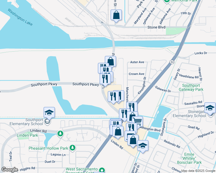 map of restaurants, bars, coffee shops, grocery stores, and more near 2240 Lake Washington Boulevard in West Sacramento