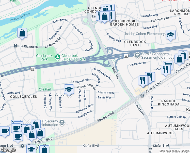 map of restaurants, bars, coffee shops, grocery stores, and more near 8755 Fallbrook Way in Sacramento