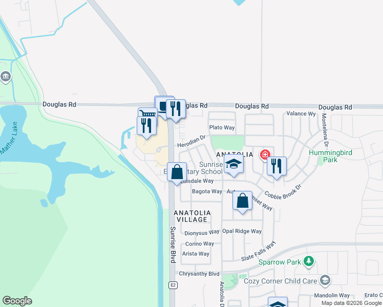 map of restaurants, bars, coffee shops, grocery stores, and more near 4059 Copper Lake Way in Rancho Cordova