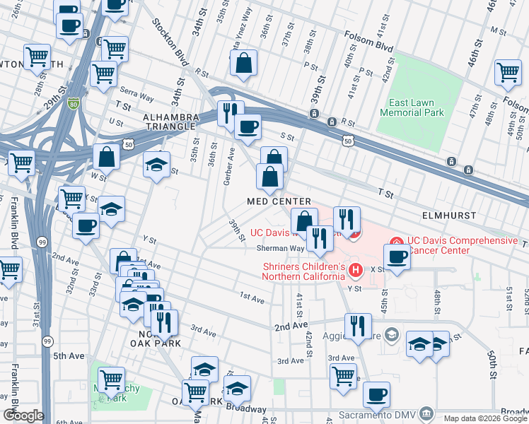map of restaurants, bars, coffee shops, grocery stores, and more near 4020 Miller Way in Sacramento