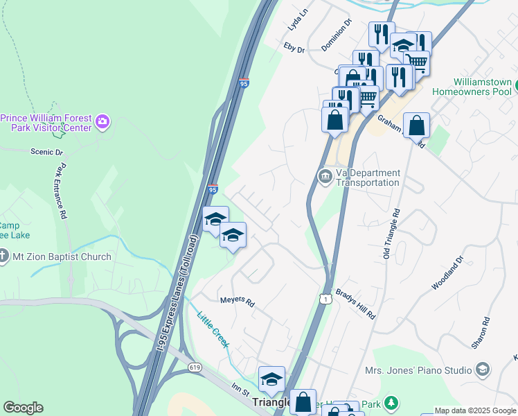 map of restaurants, bars, coffee shops, grocery stores, and more near 4342 Potomac Highlands Circle in Triangle