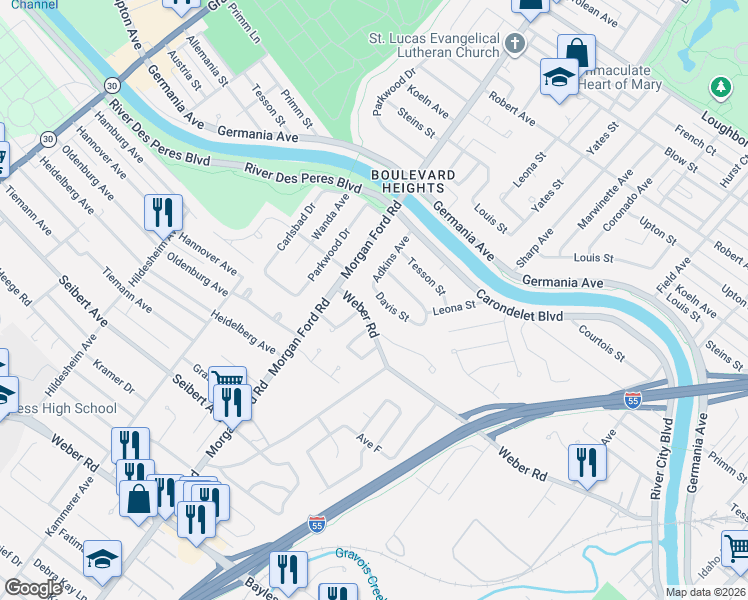 map of restaurants, bars, coffee shops, grocery stores, and more near 8201 Webmore Drive in St. Louis