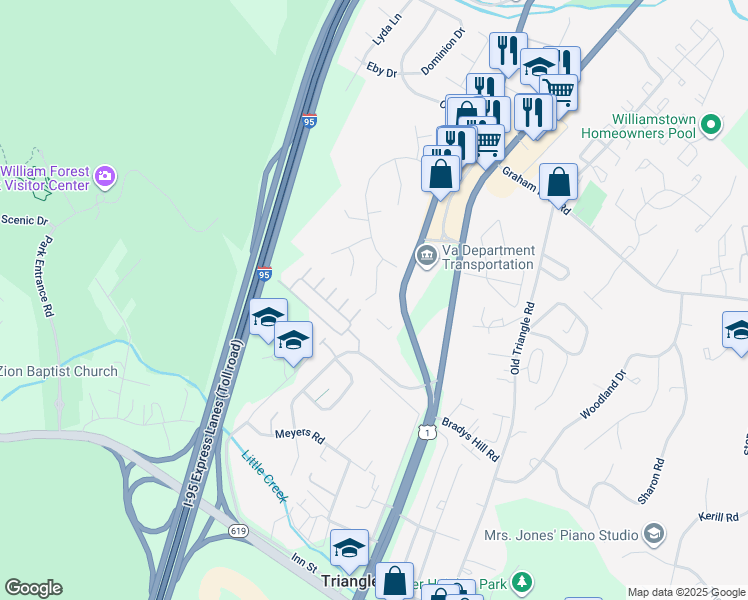 map of restaurants, bars, coffee shops, grocery stores, and more near 18256 Linton Court in Dumfries