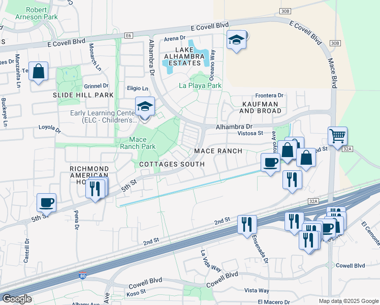 map of restaurants, bars, coffee shops, grocery stores, and more near 3646 Santo Terrace in Davis