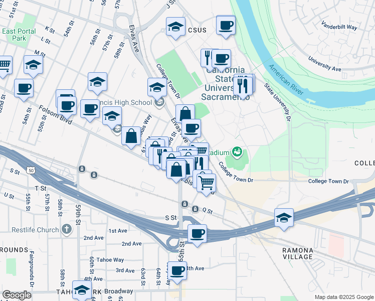 map of restaurants, bars, coffee shops, grocery stores, and more near 6429 Elvas Avenue in Sacramento