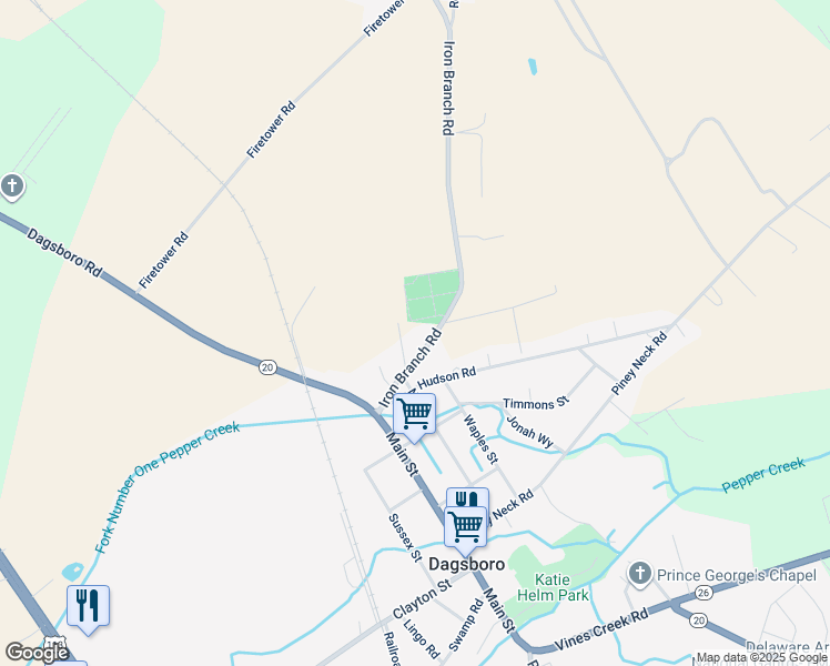 map of restaurants, bars, coffee shops, grocery stores, and more near 31132 Iron Branch Road in Dagsboro