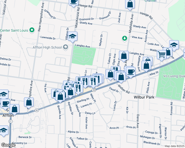 map of restaurants, bars, coffee shops, grocery stores, and more near 8625 Brinker Avenue in Affton