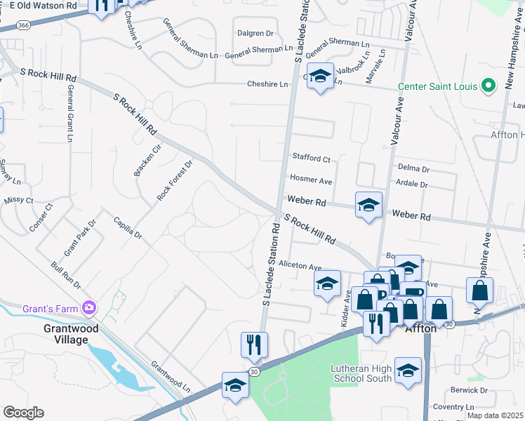 map of restaurants, bars, coffee shops, grocery stores, and more near 7301 Raleigh Drive in St. Louis