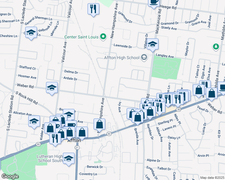 map of restaurants, bars, coffee shops, grocery stores, and more near 8541 Palmetto Drive in Affton