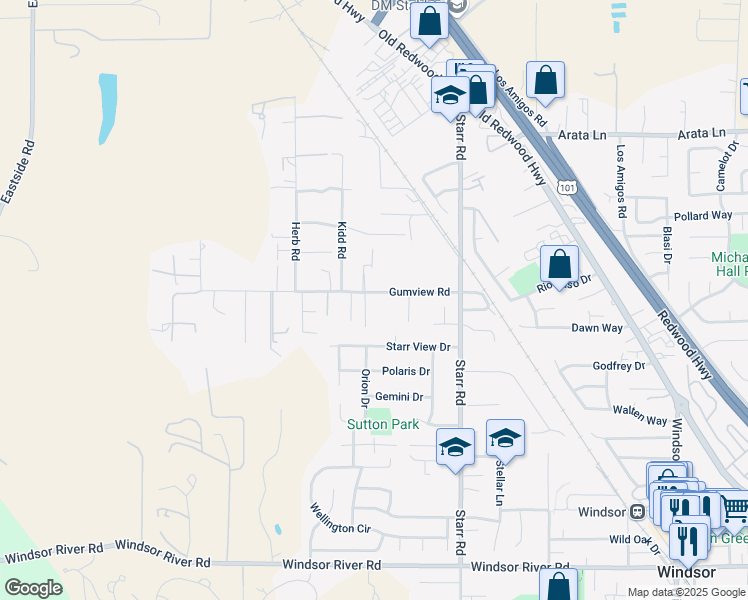 map of restaurants, bars, coffee shops, grocery stores, and more near 9851 Berry Lane in Windsor