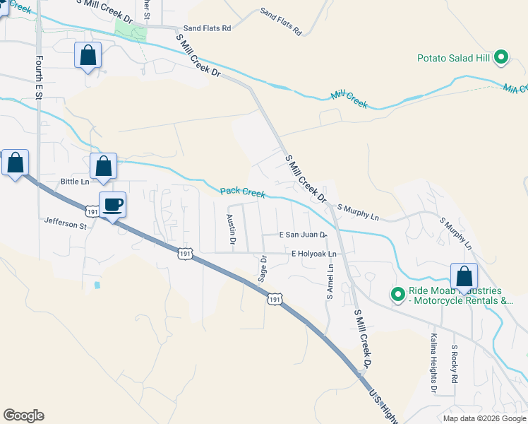 map of restaurants, bars, coffee shops, grocery stores, and more near 1135 Duchesne Avenue in Moab