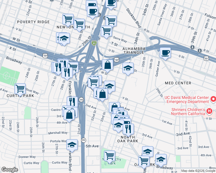 map of restaurants, bars, coffee shops, grocery stores, and more near 2426 33rd Street in Sacramento