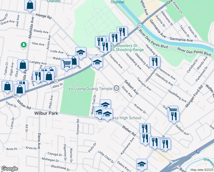 map of restaurants, bars, coffee shops, grocery stores, and more near 4619 Weber Terrace Court in St. Louis