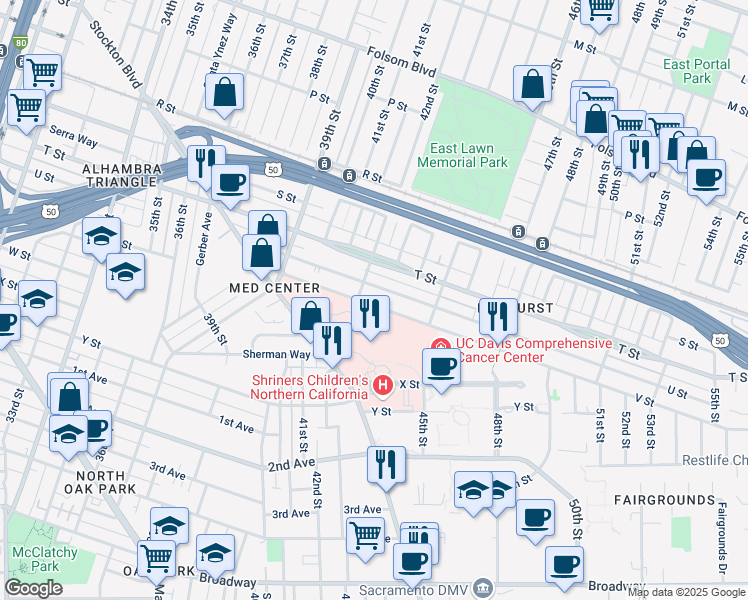map of restaurants, bars, coffee shops, grocery stores, and more near 4307 V Street in Sacramento