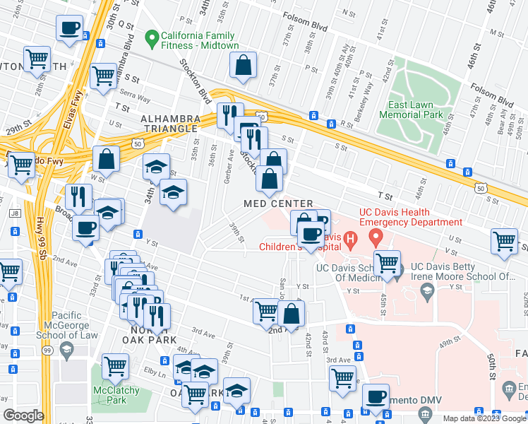 map of restaurants, bars, coffee shops, grocery stores, and more near 4020 Miller Way in Sacramento