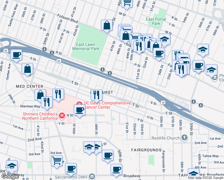 map of restaurants, bars, coffee shops, grocery stores, and more near 1909 Discovery Way in Sacramento