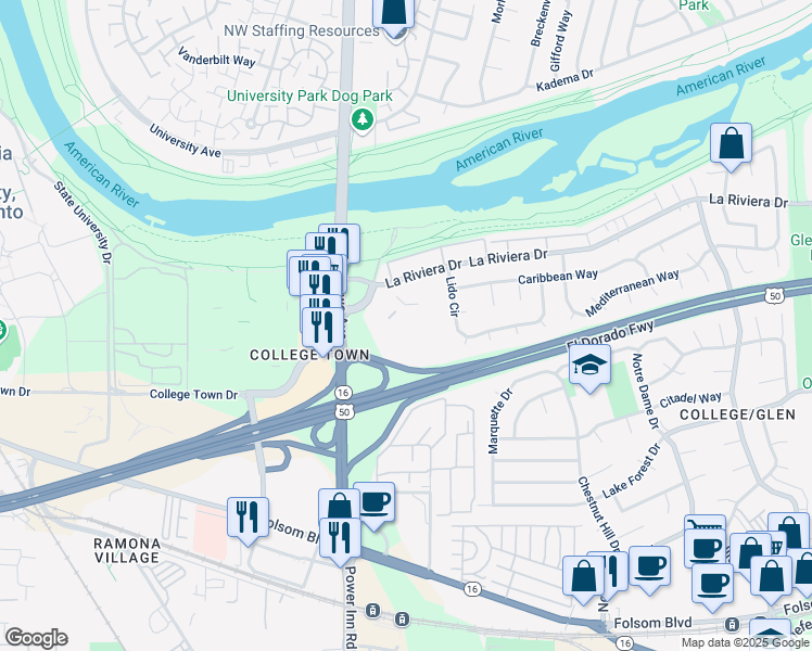 map of restaurants, bars, coffee shops, grocery stores, and more near 7924 La Riviera Drive in Sacramento