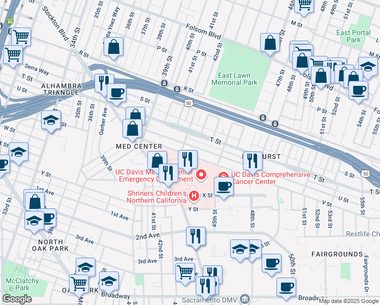 map of restaurants, bars, coffee shops, grocery stores, and more near 4307 V Street in Sacramento
