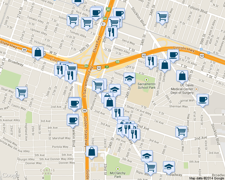 map of restaurants, bars, coffee shops, grocery stores, and more near 2426 33rd Street in Sacramento