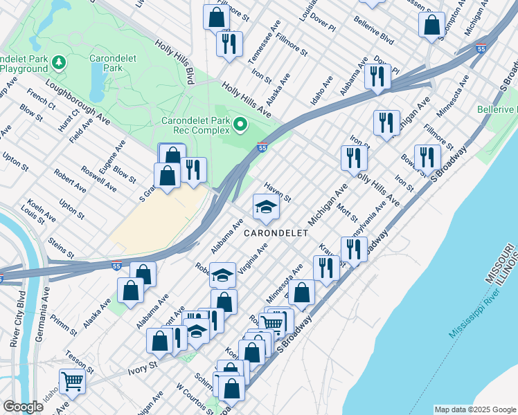 map of restaurants, bars, coffee shops, grocery stores, and more near 6739 Vermont Avenue in St. Louis