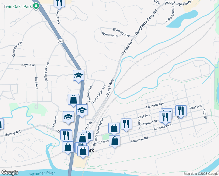 map of restaurants, bars, coffee shops, grocery stores, and more near 520 Forest Avenue in Valley Park