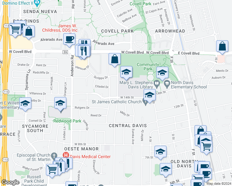 map of restaurants, bars, coffee shops, grocery stores, and more near 1409 Oak Avenue in Davis