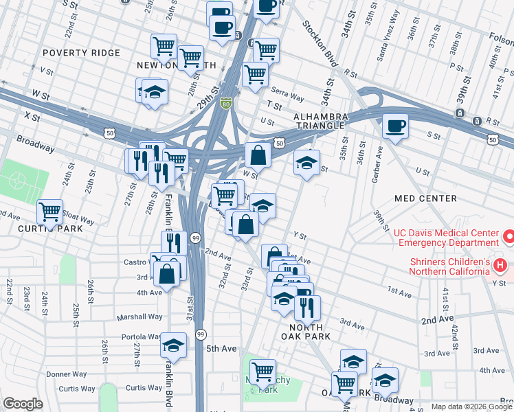 map of restaurants, bars, coffee shops, grocery stores, and more near 2426 33rd Street in Sacramento
