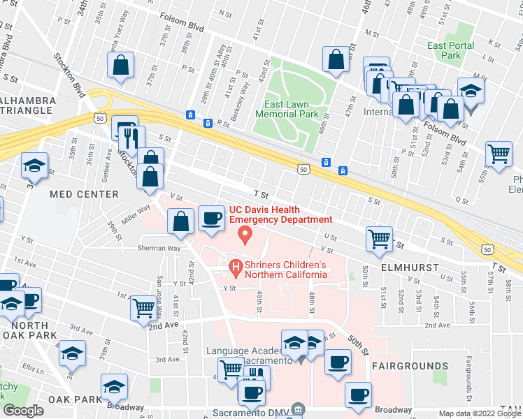 map of restaurants, bars, coffee shops, grocery stores, and more near 4417 U Street in Sacramento