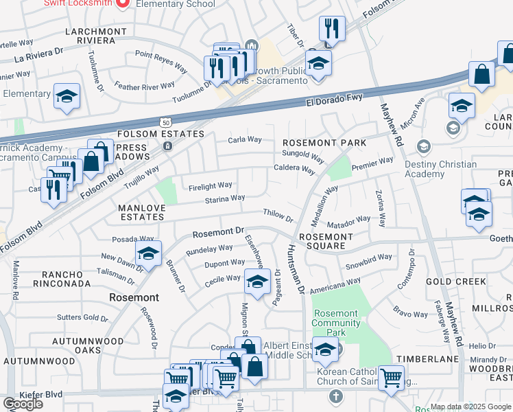 map of restaurants, bars, coffee shops, grocery stores, and more near 9219 Thilow Drive in Sacramento