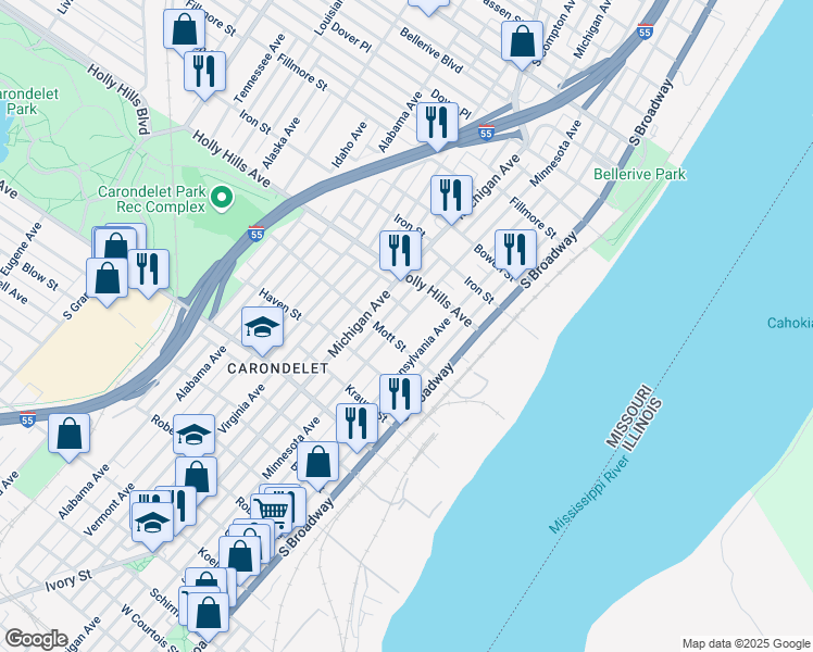 map of restaurants, bars, coffee shops, grocery stores, and more near 6530 Minnesota Avenue in St. Louis