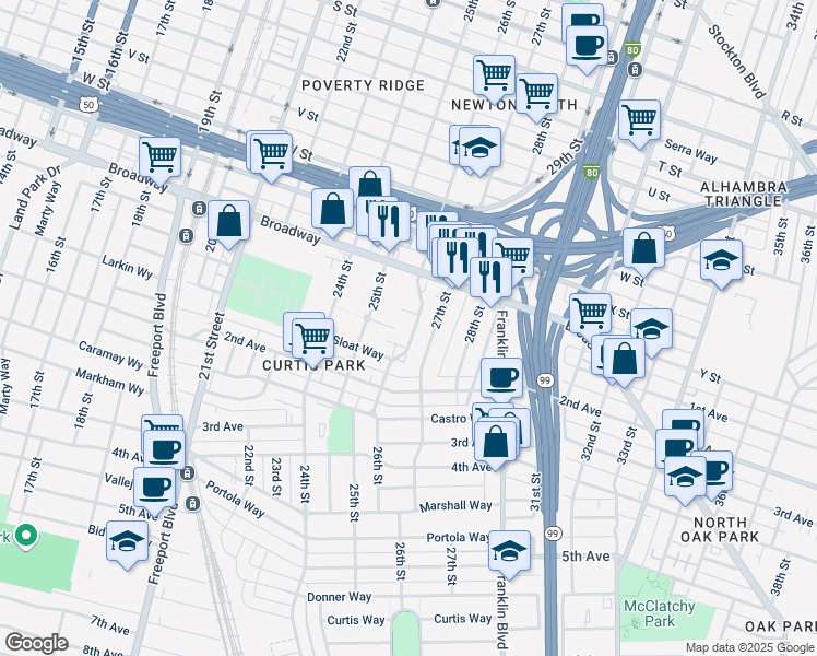 map of restaurants, bars, coffee shops, grocery stores, and more near 2555 1st Avenue in Sacramento