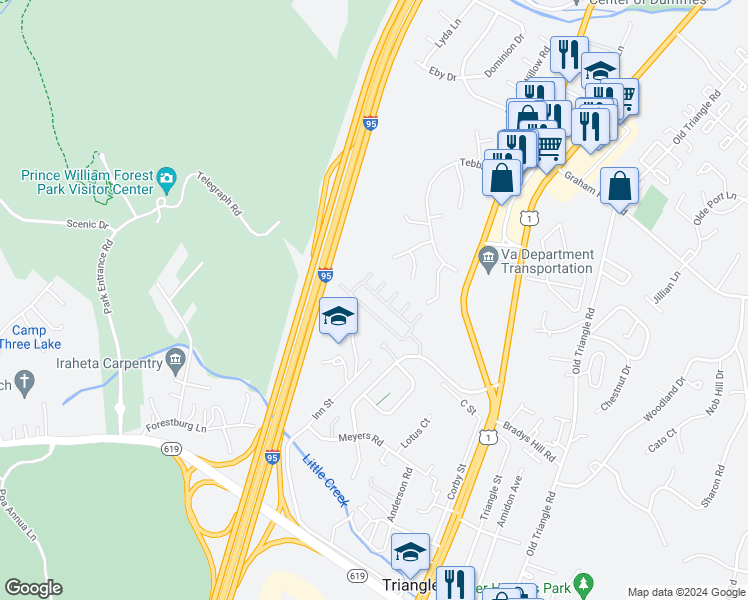 map of restaurants, bars, coffee shops, grocery stores, and more near 4415 Potomac Highlands Circle in Triangle