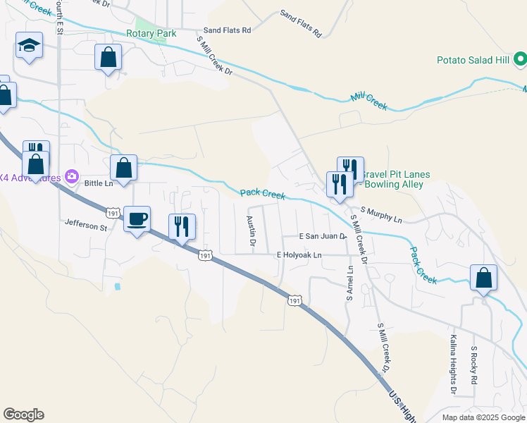 map of restaurants, bars, coffee shops, grocery stores, and more near Canon Vista Drive in Moab