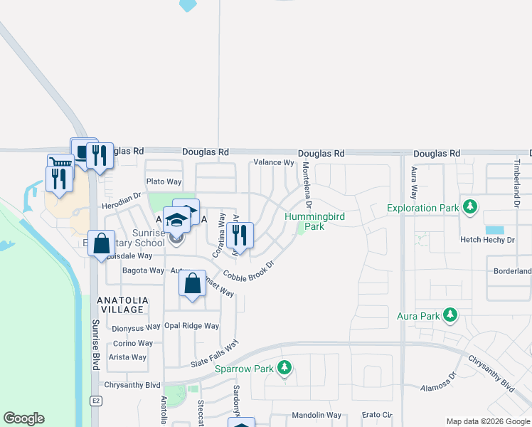 map of restaurants, bars, coffee shops, grocery stores, and more near Granzella Way in Rancho Cordova