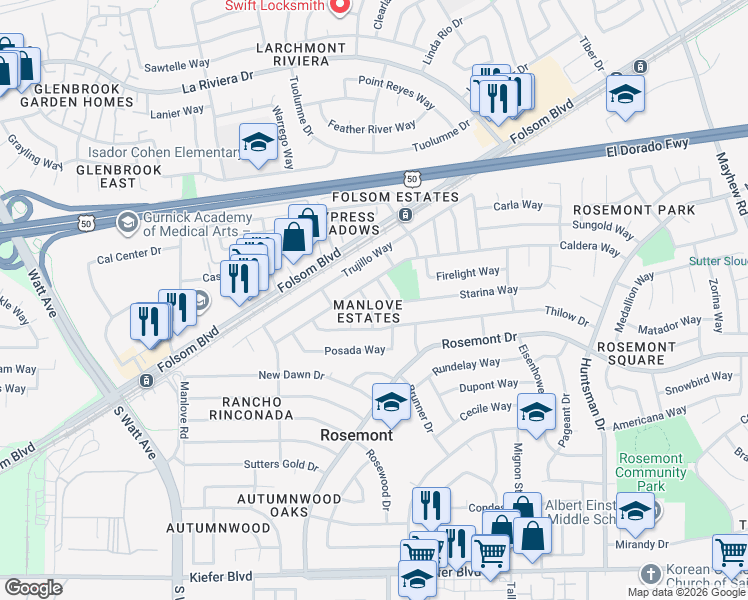 map of restaurants, bars, coffee shops, grocery stores, and more near 9100 Starina Way in Sacramento