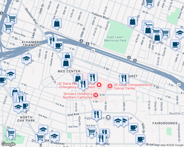 map of restaurants, bars, coffee shops, grocery stores, and more near 4150 V Street in Sacramento