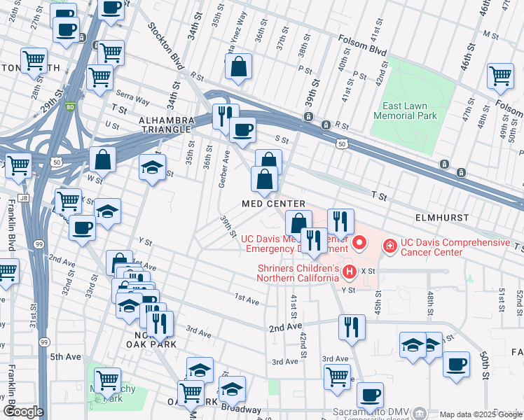 map of restaurants, bars, coffee shops, grocery stores, and more near 4020 Miller Way in Sacramento