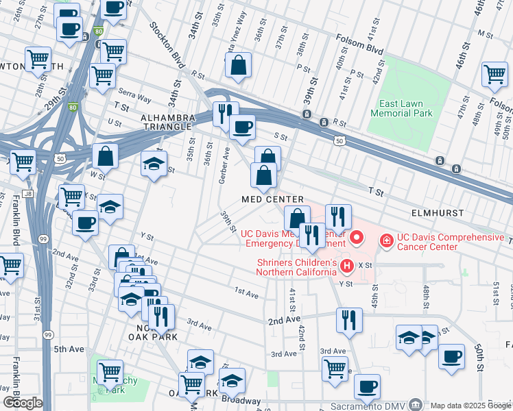 map of restaurants, bars, coffee shops, grocery stores, and more near 4020 Miller Way in Sacramento
