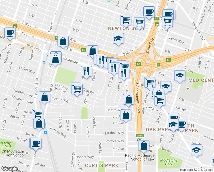 map of restaurants, bars, coffee shops, grocery stores, and more near 2600 27th Street in Sacramento