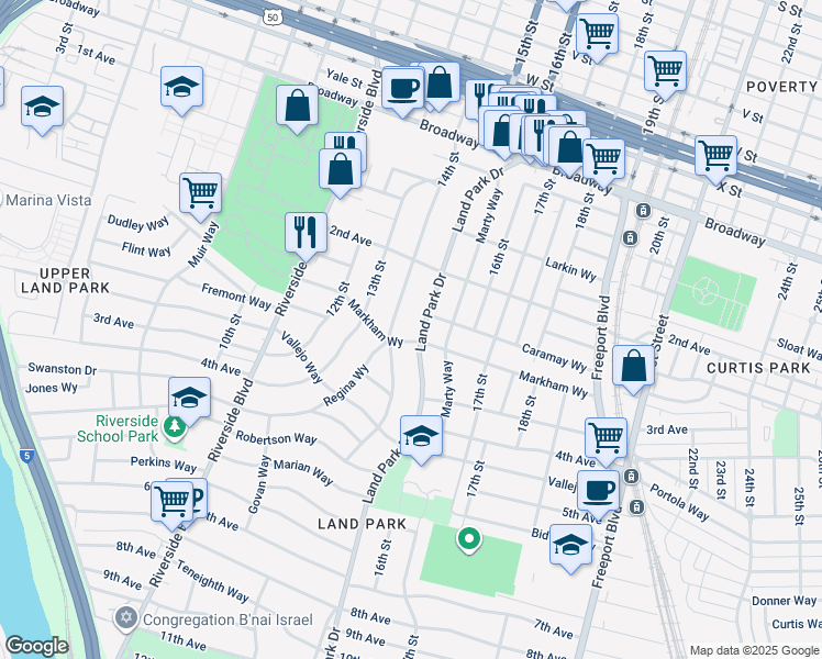 map of restaurants, bars, coffee shops, grocery stores, and more near 2768 Land Park Drive in Sacramento