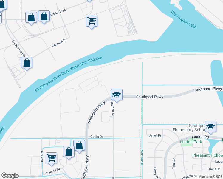 map of restaurants, bars, coffee shops, grocery stores, and more near 50 Southport Parkway in West Sacramento
