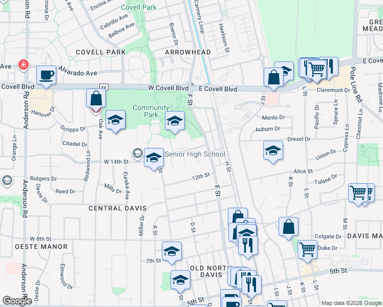 map of restaurants, bars, coffee shops, grocery stores, and more near 1303 Aspen Place in Davis
