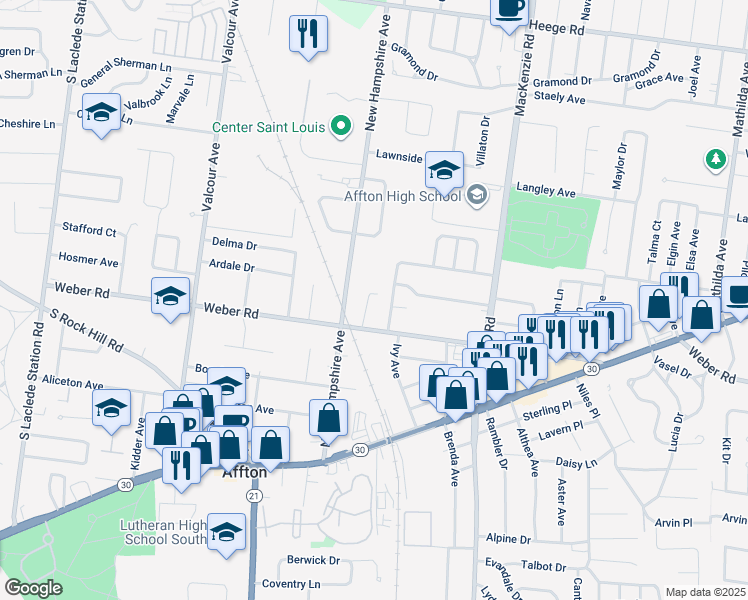 map of restaurants, bars, coffee shops, grocery stores, and more near 8541 Palmetto Drive in Affton