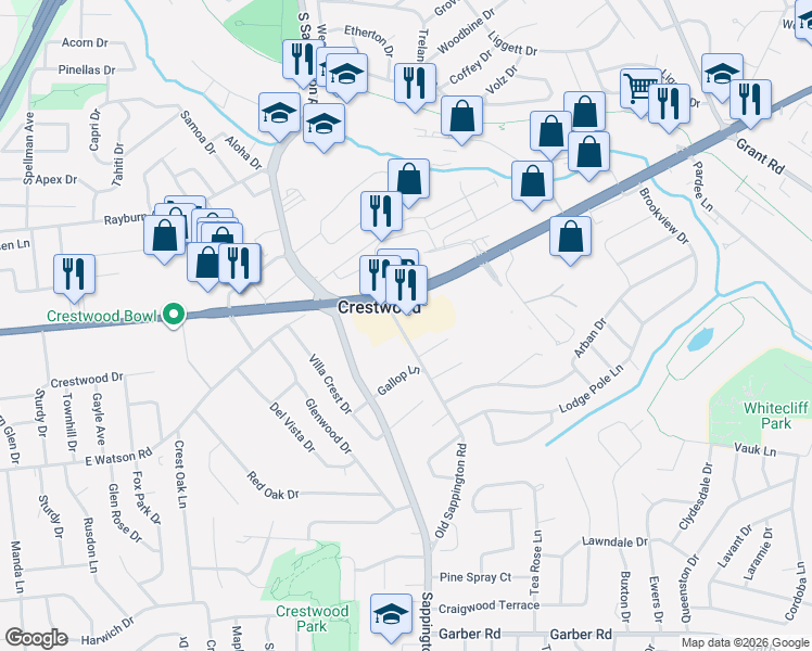 map of restaurants, bars, coffee shops, grocery stores, and more near 8531 Old Sappington Road in Saint Louis