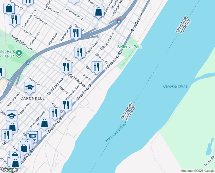 map of restaurants, bars, coffee shops, grocery stores, and more near 129 Iron Street in St. Louis