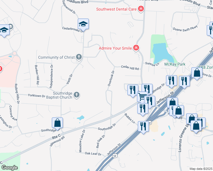 map of restaurants, bars, coffee shops, grocery stores, and more near 1739 Overlook Drive in Jefferson City