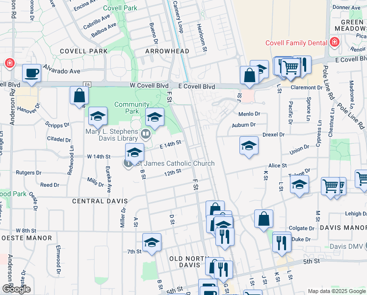 map of restaurants, bars, coffee shops, grocery stores, and more near 1313 F Street in Davis