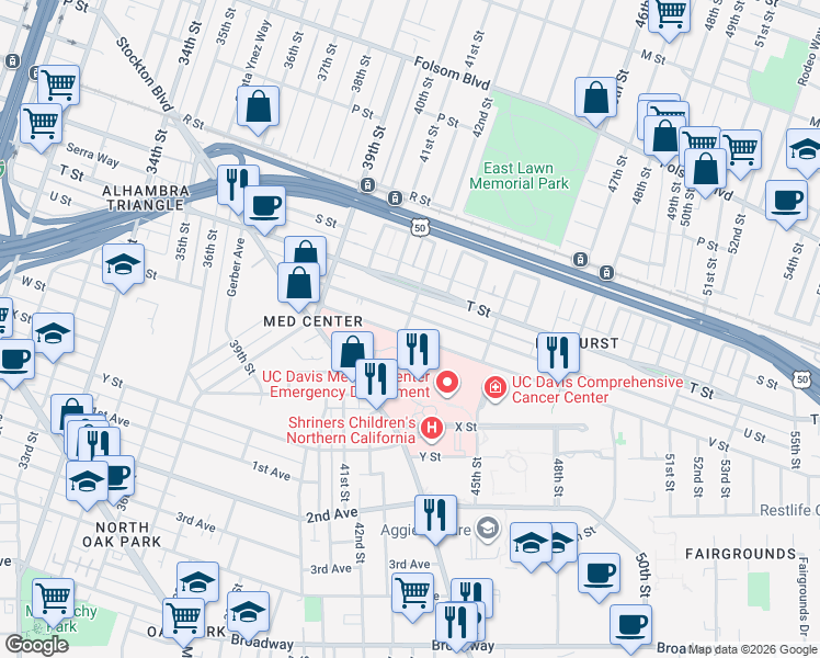 map of restaurants, bars, coffee shops, grocery stores, and more near 4150 V Street in Sacramento
